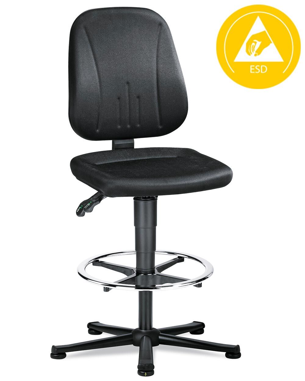 Schwarzer ergonomischer Drehstuhl mit Fußstütze und ESD-Logo, geeignet für ergonomisches, dynamisches Sitzen im Büro.