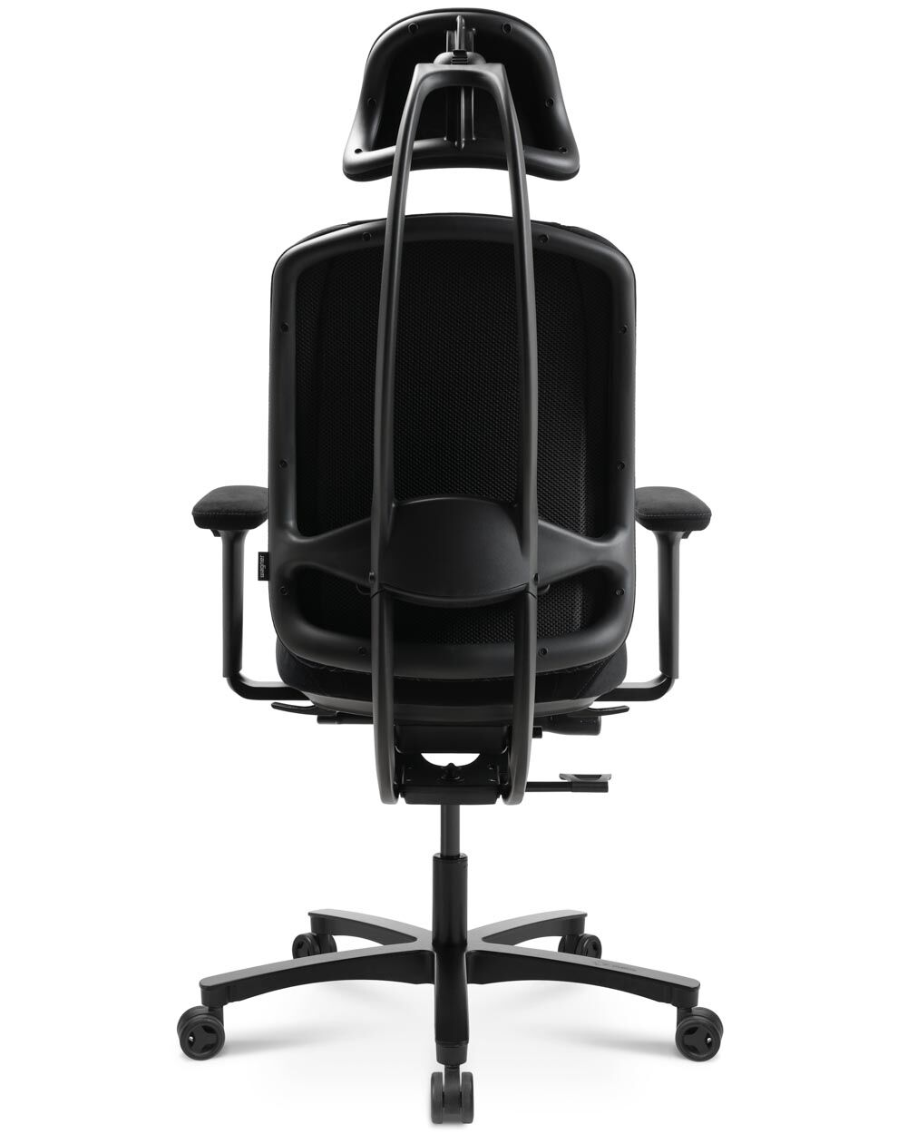 Rückansicht eines ergonomischen Bürostuhls mit Kopfstütze, Armlehnen und verstellbarer Rückenlehne, auf Rollen.