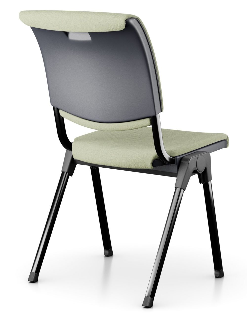 Rückansicht eines ergonomischen Bürostuhls mit grünem Polster und eleganten schwarzen Metallbeinen.