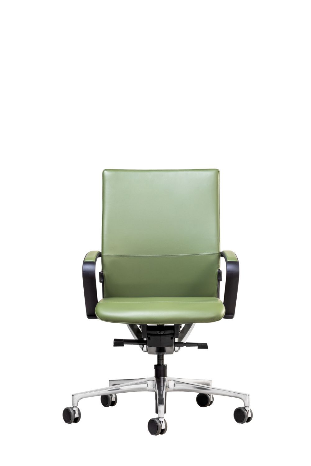 Ergonomischer Bürostuhl mit grünem Lederbezug und verstellbaren Armlehnen auf rollbarem Stahlfuß.