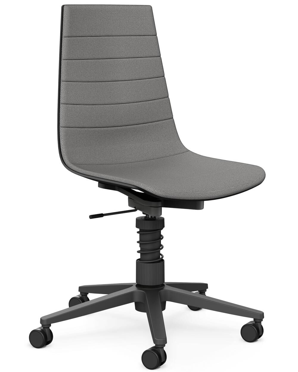 Moderner grauer Bürostuhl mit ergonomischer Rückenlehne und verstellbarem Sitz auf fünf Rollen.