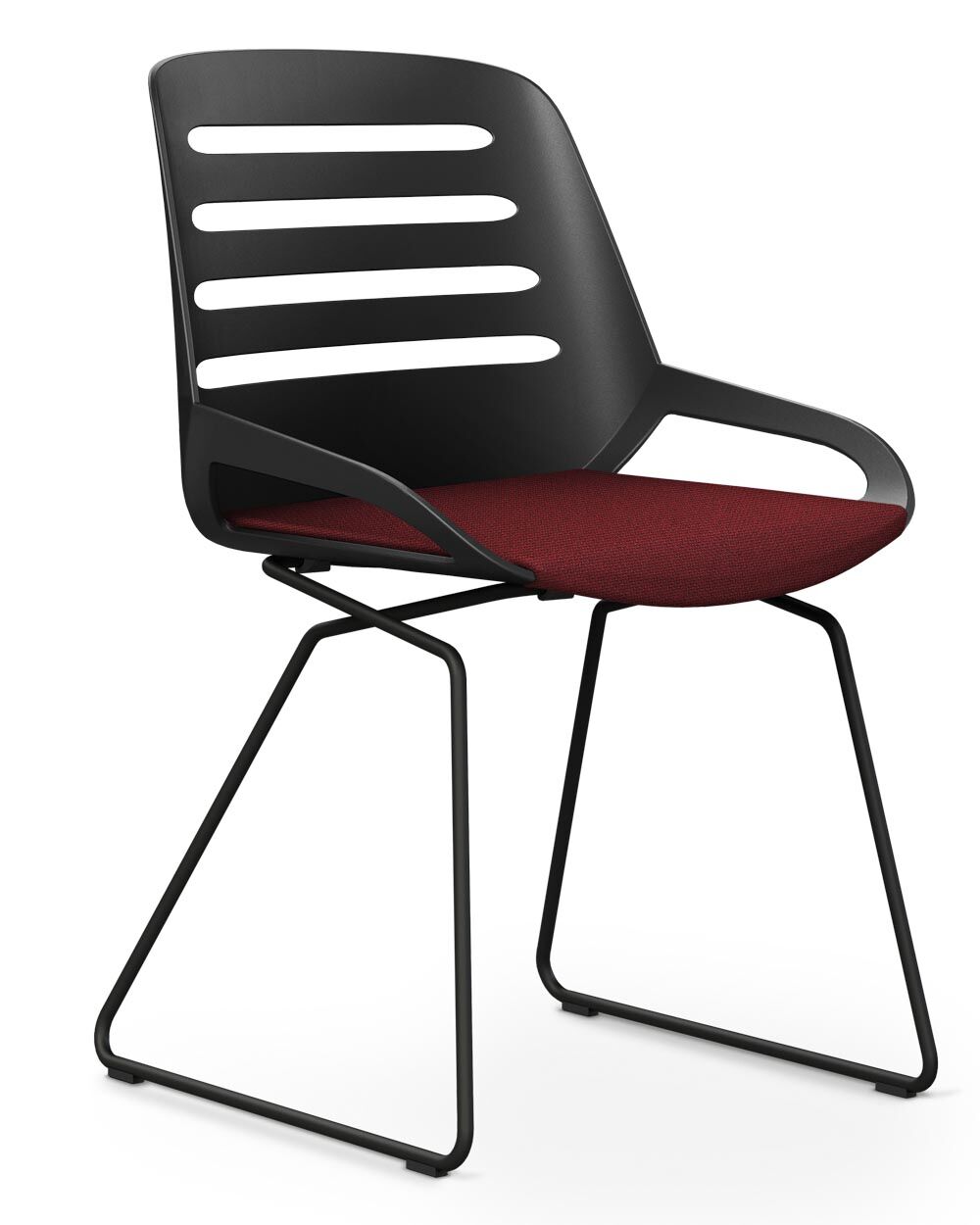 Moderner ergonomischer Stuhl mit schwarzer, durchbrochener Rückenlehne und weinrotem Sitzkissen auf Metallgestell.