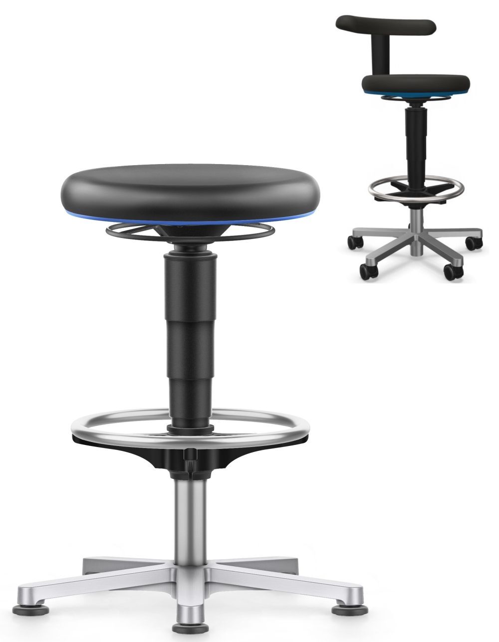 Ergonomischer Hocker mit runder Sitzfläche, höhenverstellbar, ideal für dynamisches Sitzen im Büro.