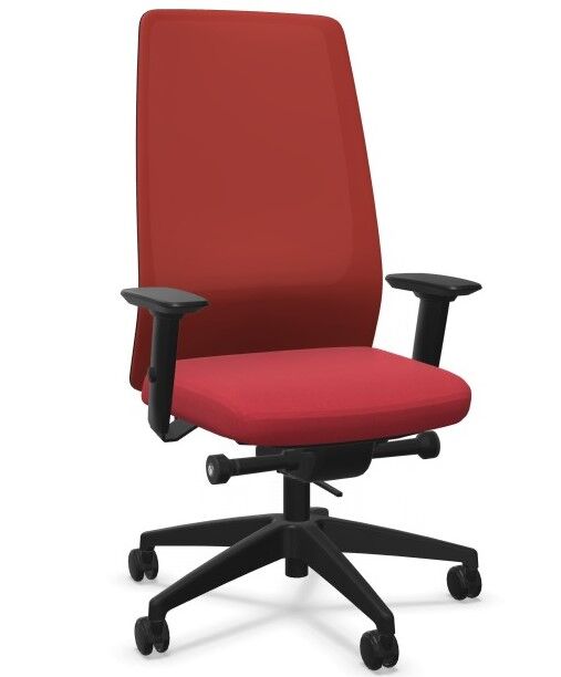Ergonomischer Bürostuhl in Rot mit verstellbaren Armlehnen und Rollen für dynamisches Sitzen und Komfort.