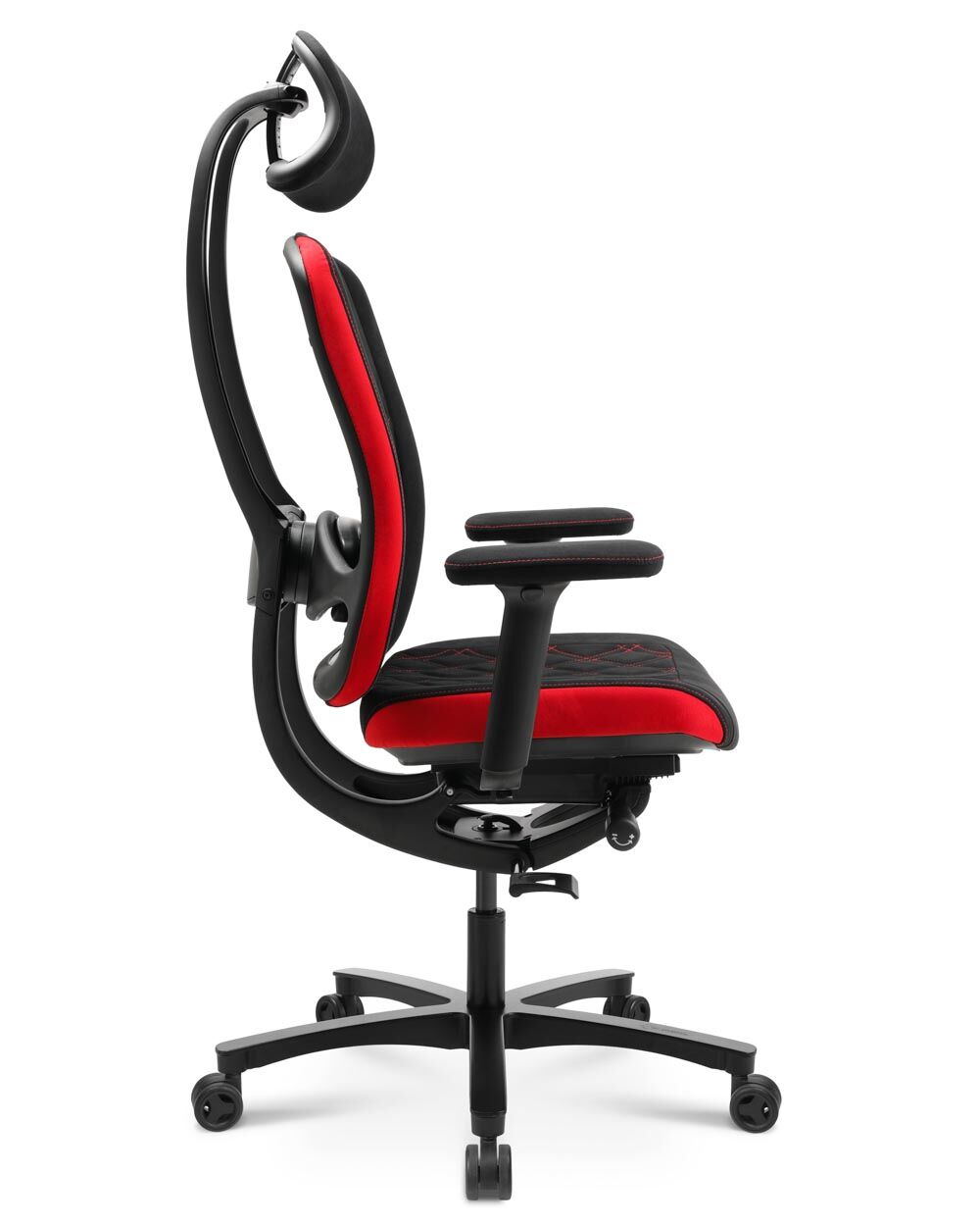 Ergonomischer Bürostuhl mit schwarzem Gestell, roter Polsterung und verstellbarer Kopfstütze für bewegtes Sitzen.