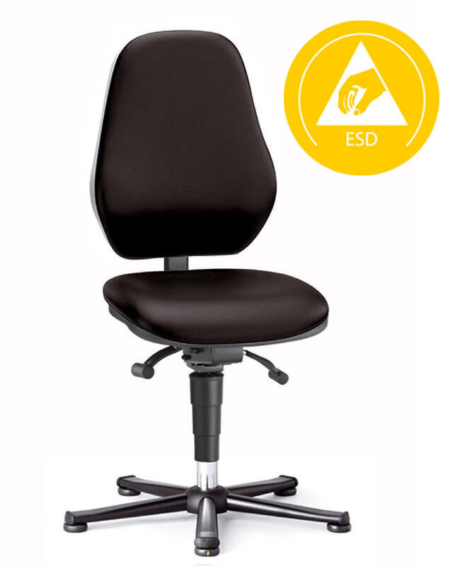 Schwarzer ergonomischer Bürostuhl mit ESD-Schutzsymbol, ideal für dynamisches Sitzen und Arbeitsplatzgesundheit.