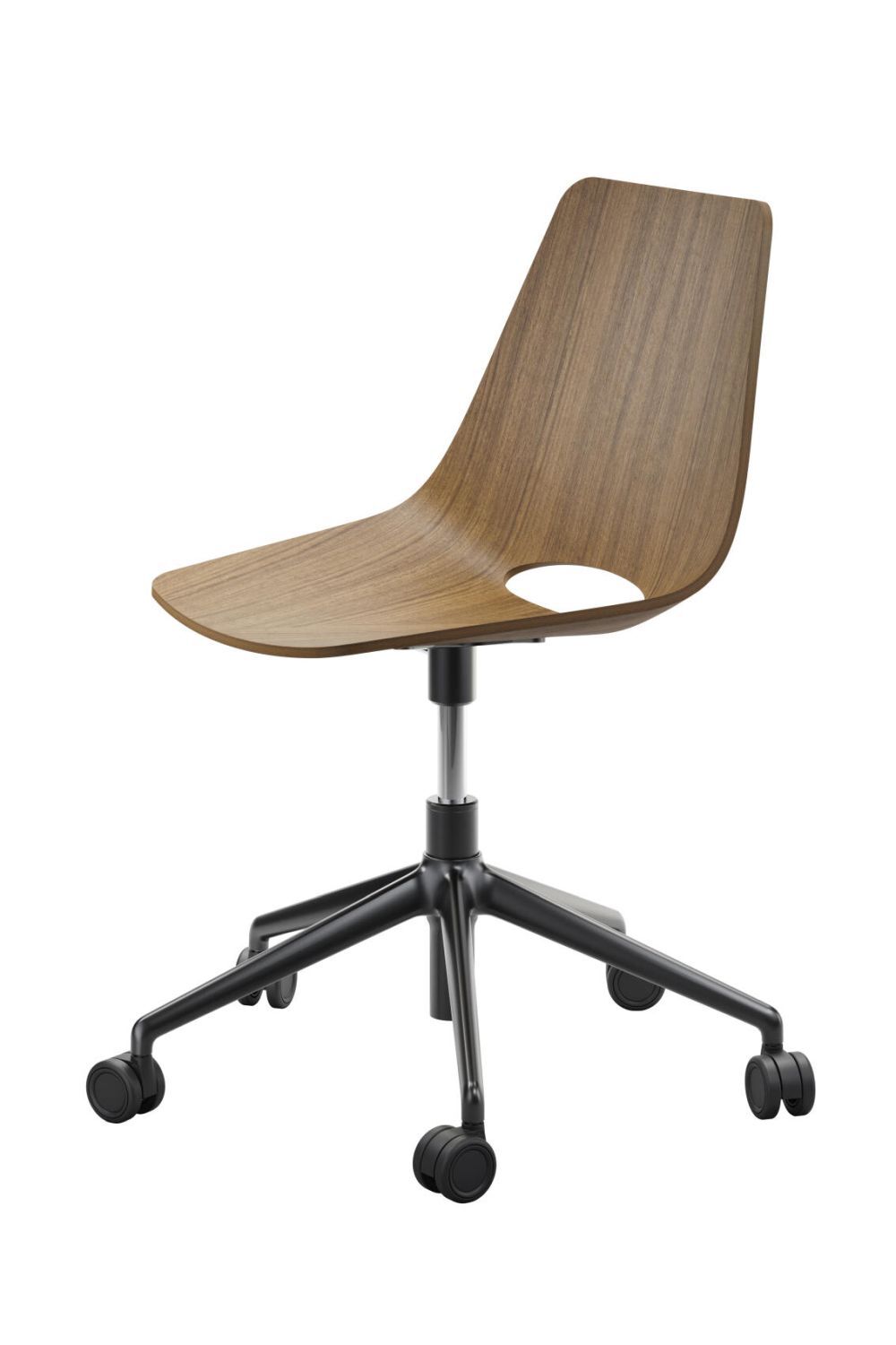 Moderner ergonomischer Bürostuhl mit Holzsitz, schwarzem Gestell und Rollen für dynamisches Sitzen.