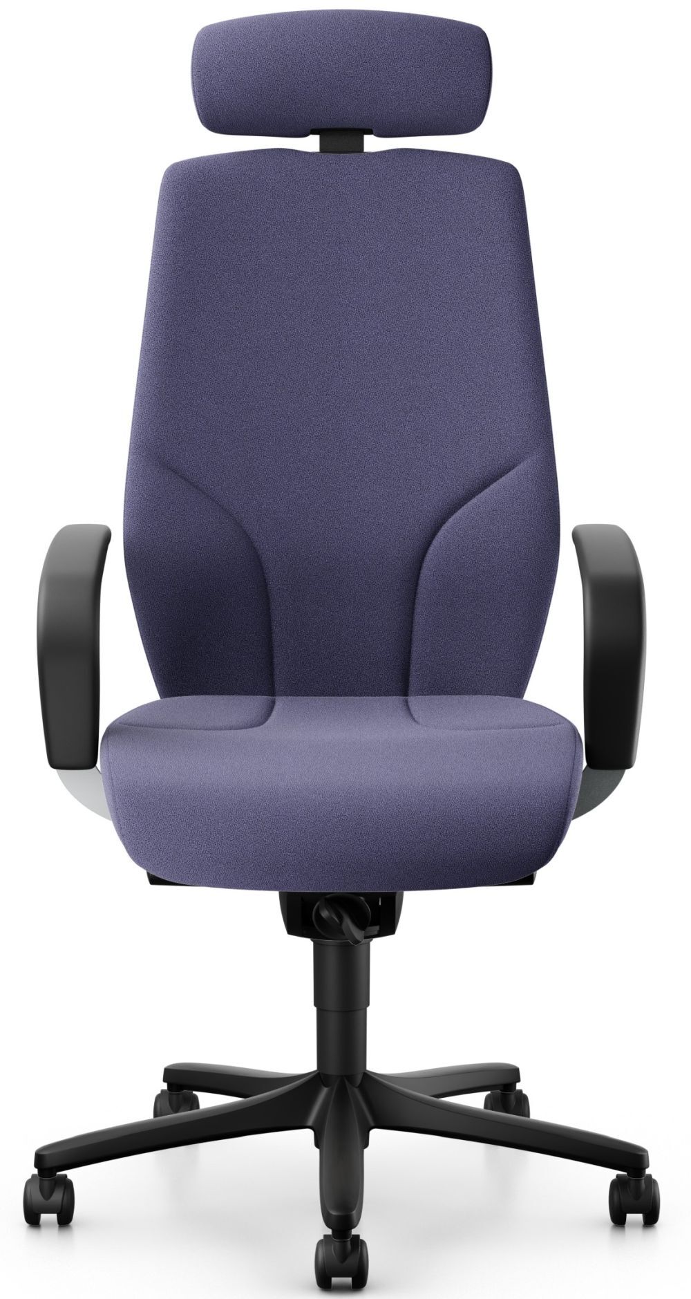 Ergonomischer Bürostuhl mit Kopfstütze und Armlehnen, gepolstert in lila Stoff, fünffüßiges Drehgestell.