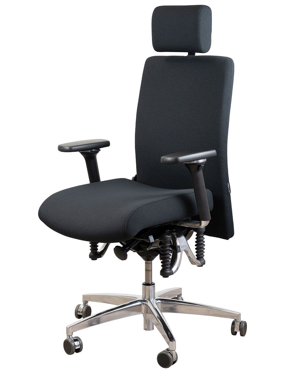 Ergonomischer Bürostuhl mit Kopfstütze, höhenverstellbaren Armlehnen und gepolsterter Sitzfläche auf Rollen.