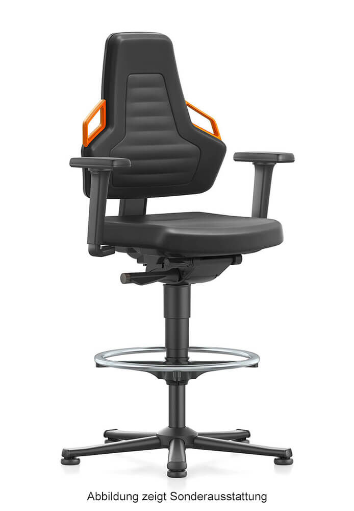 Ergonomischer Bürostuhl mit Armlehnen, hoher Rückenlehne und drehbarem Fußring, ideal für dynamisches Sitzen.