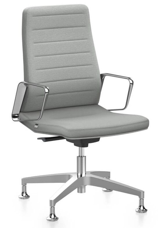 Eleganter grauer Bürostuhl mit metallischen Armlehnen und Gestell, ideal für ergonomisches Sitzen im Büro.