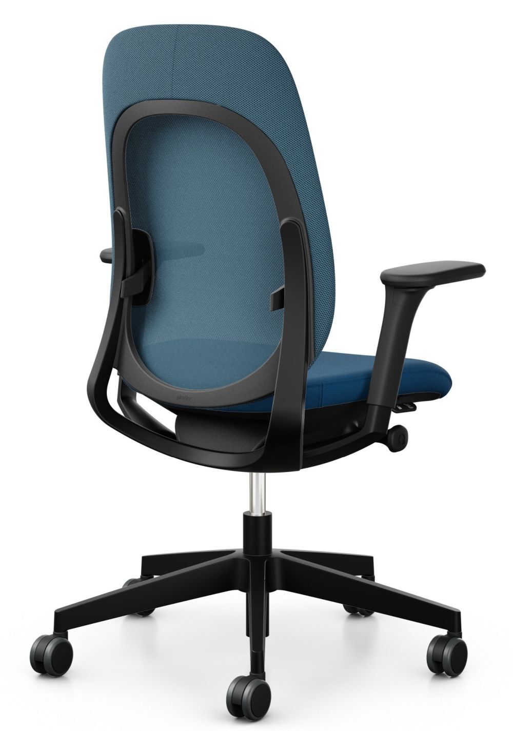 Ergonomischer Bürostuhl mit blauer Rückenlehne, verstellbaren Armlehnen und schwarzem Drehfuß.