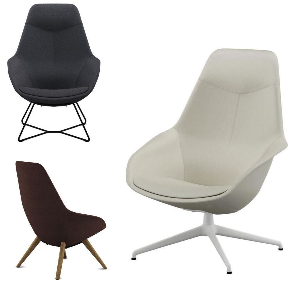 Drei moderne, ergonomische Sessel in verschiedenen Farben: schwarz, creme und braun, mit unterschiedlichen Gestellen.