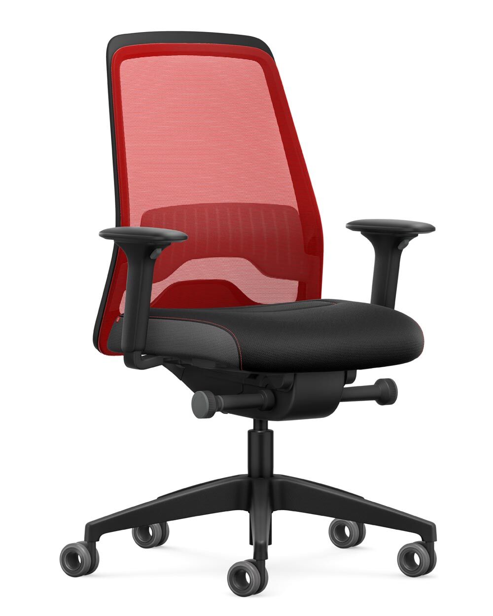 Ergonomischer Bürostuhl mit roter Netzrückenlehne und schwarzen Sitzpolstern, auf fünf Rollen für Beweglichkeit.