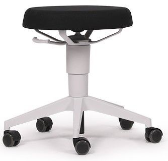 Ergonomischer Bürostuhl ohne Rückenlehne, schwarze Polsterung, weiße Basis mit Rollen für dynamisches Sitzen.