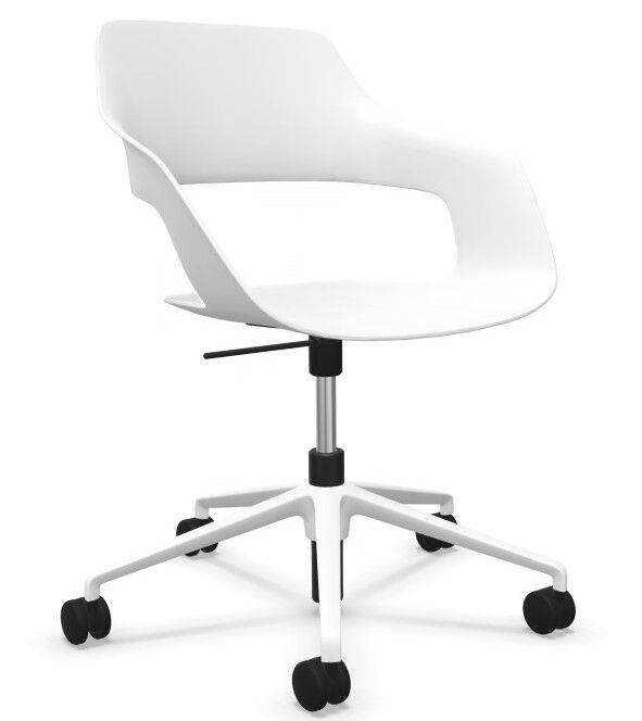 Moderner weißer Bürostuhl mit drehbarem Sockel und fünf Rollen, ideal für dynamisches Sitzen.