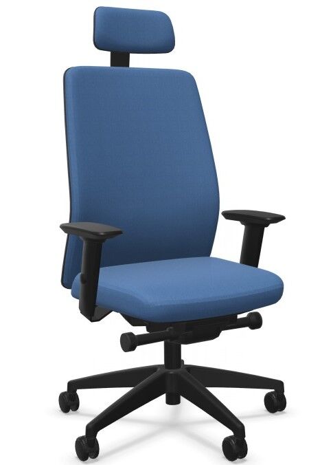Ergonomischer Bürostuhl in Blau mit verstellbarer Kopfstütze und Armlehnen, ideal für gesundes Sitzen.