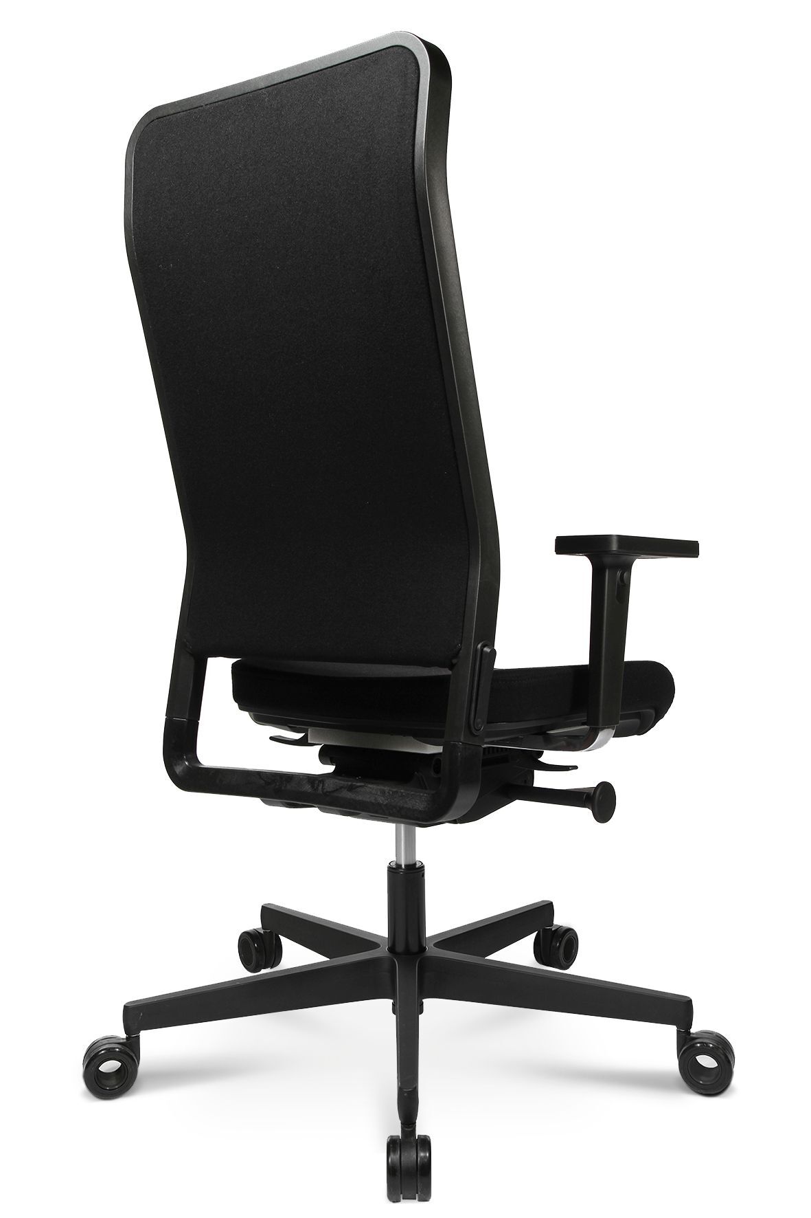 Ergonomischer Bürostuhl in Schwarz mit hoher Rückenlehne und Rollen für dynamisches Sitzen aus der Rückansicht.