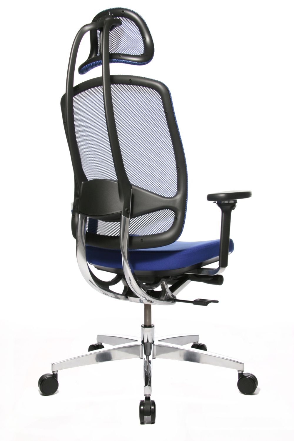 Ergonomischer Bürostuhl mit Netzrückenlehne und Headrest, blauer Sitz, verstellbare Armlehnen und Rollenfuß.