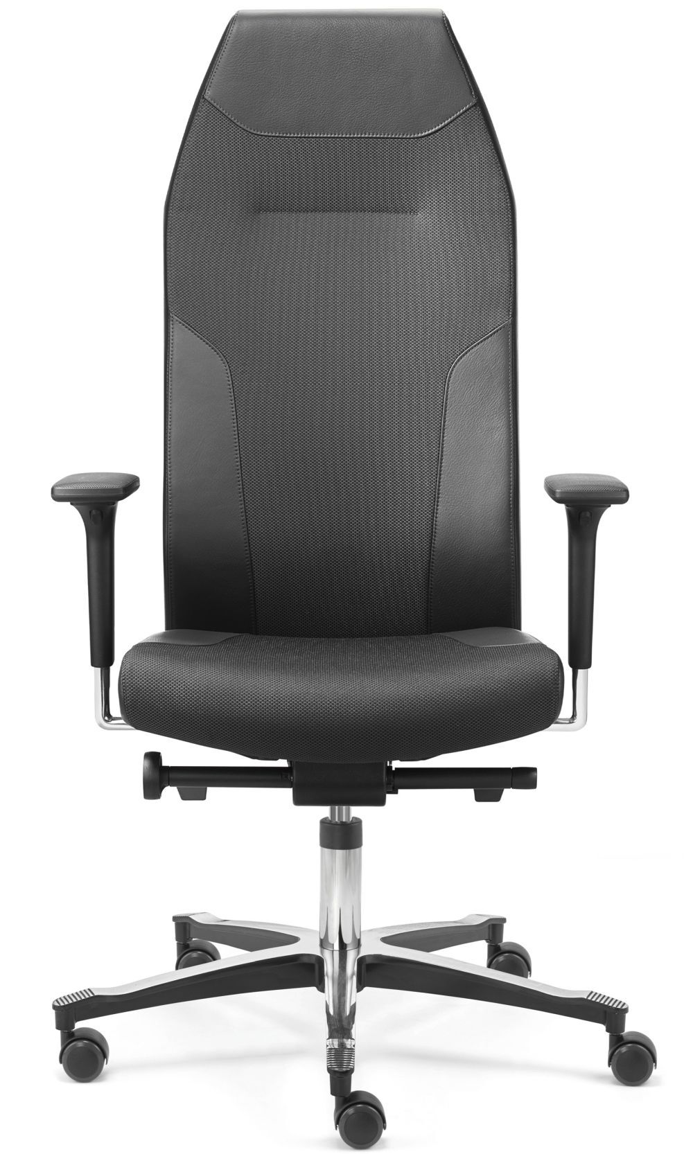 Ergonomischer Bürostuhl mit hoher Rückenlehne und Armlehnen, geeignet für dynamisches und gesundes Sitzen.