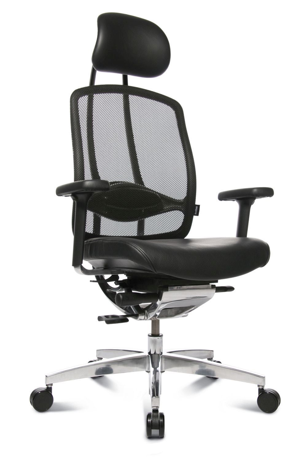 Ergonomischer Bürostuhl mit Netzrückenlehne, Kopfstütze und verstellbaren Armlehnen, betont Komfort und dynamisches Sitzen.