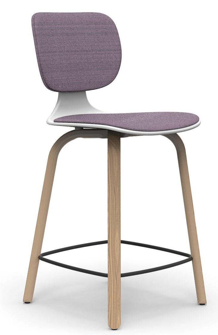 Moderne ergonomische Bürostuhl mit lila Polsterung und Holzbeinen, ideal für gesundes, dynamisches Sitzen.