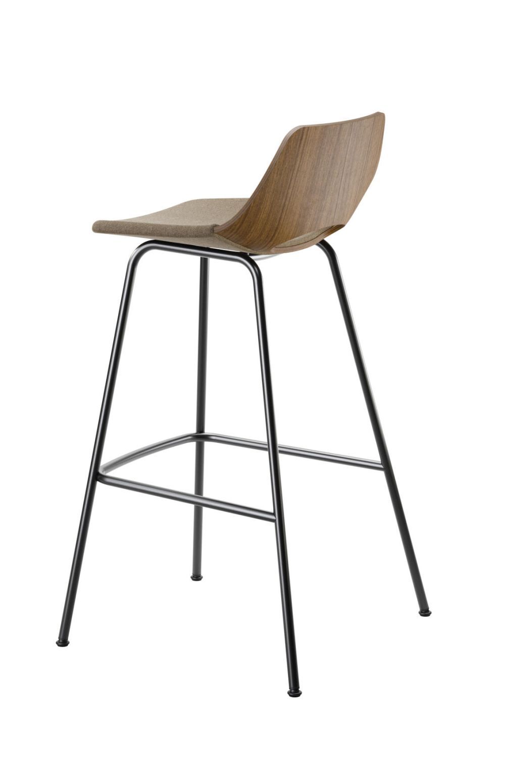 Moderner Barhocker mit Holzsitz und schlichten Metallbeinen, ideal für stilvolle Büro- und Wohnräume.