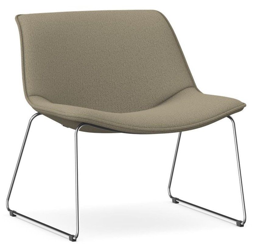 Moderner, ergonomischer Stuhl mit olivgrünem Stoffbezug und filigranem Metallgestell, ideal für dynamisches Sitzen.