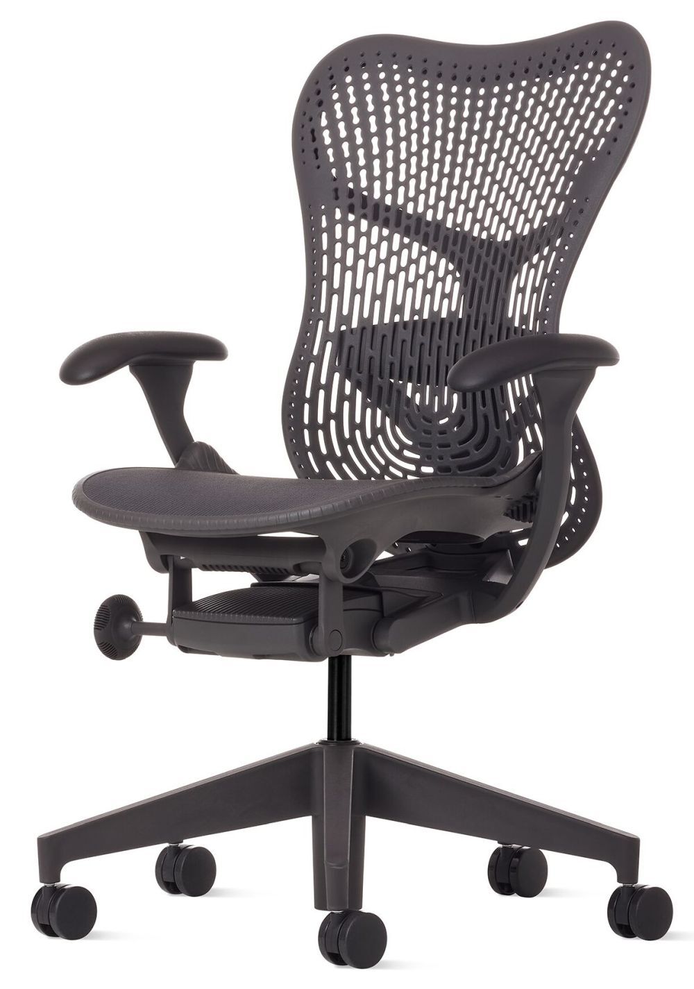 Ergonomischer Bürostuhl, schwarz, mit flexibler Rückenlehne und verstellbaren Armlehnen für dynamisches Sitzen.