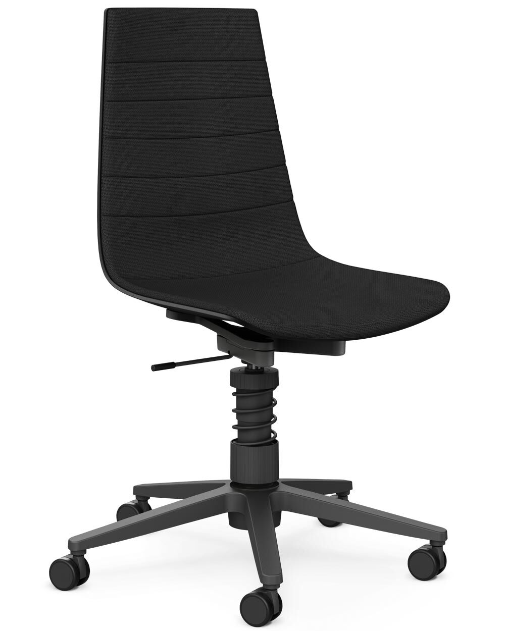 Schwarzer ergonomischer Bürostuhl mit verstellbarem Sitz, robustem Untergestell und Rollen für dynamisches Sitzen.