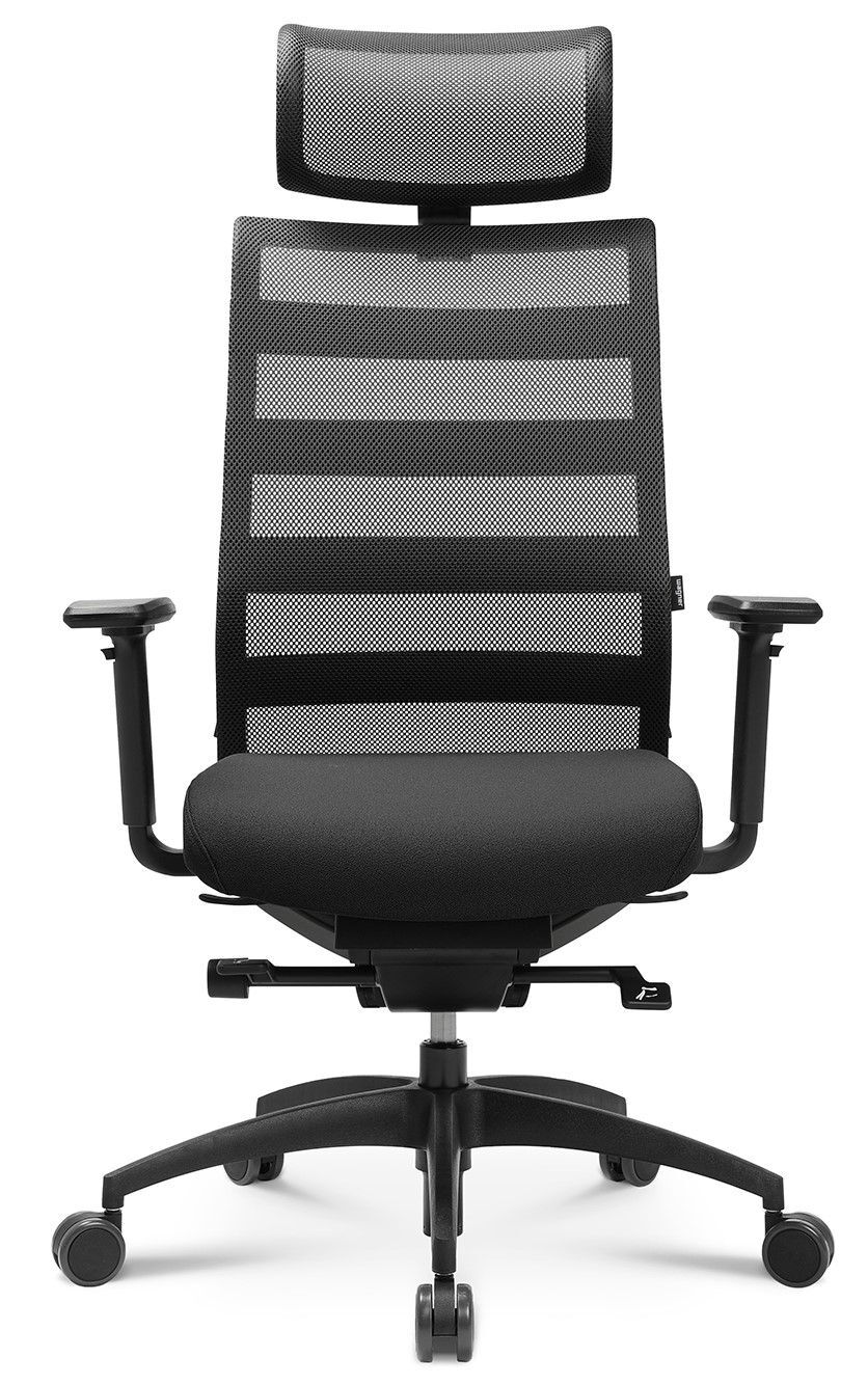 Ergonomischer Bürostuhl mit Netzrücken und Kopfstütze, verstellbaren Armlehnen und Rollen für dynamisches Sitzen.