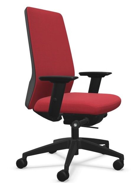 Ergonomischer Bürostuhl in Rot mit verstellbaren Armlehnen und schwarzem Gestell, ideal für gesundes Sitzen.