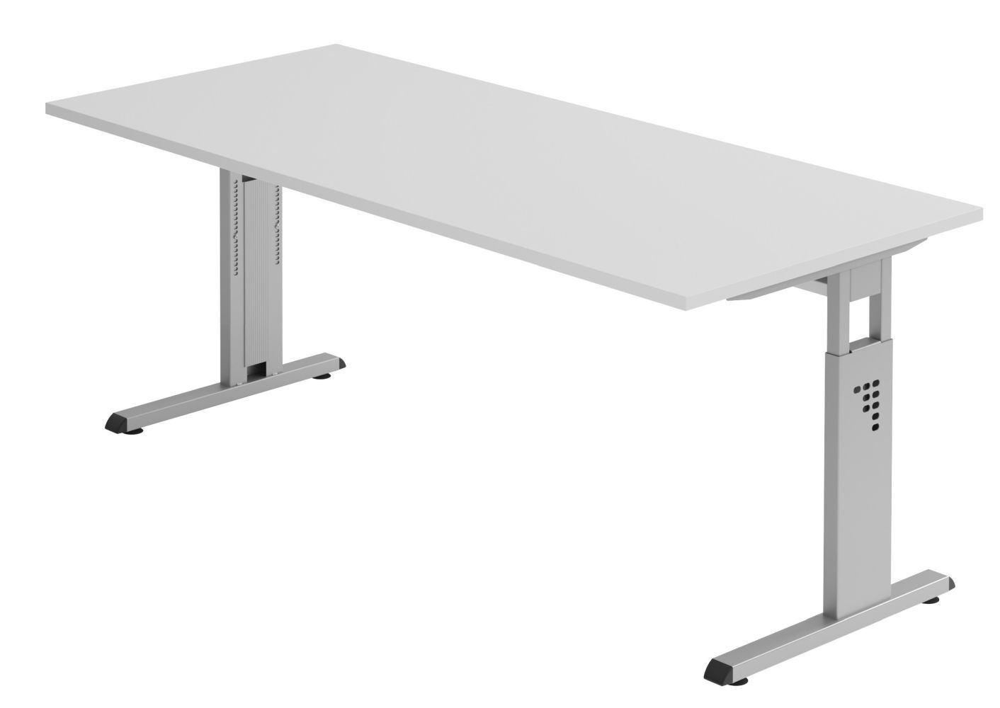 Moderner, höhenverstellbarer Schreibtisch mit weißer Tischplatte und robustem Metalluntergestell für ergonomisches Arbeiten.