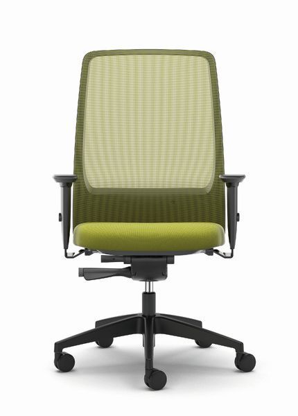 Ergonomischer Bürostuhl mit grüner Rückenlehne und Sitzfläche, schwarzes Gestell, ideales Design für gesundes Sitzen.