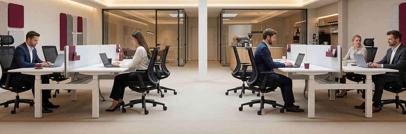 Moderne Büroumgebung mit ergonomischen Stühlen und Schreibtischen, Menschen arbeiten konzentriert an Laptops.