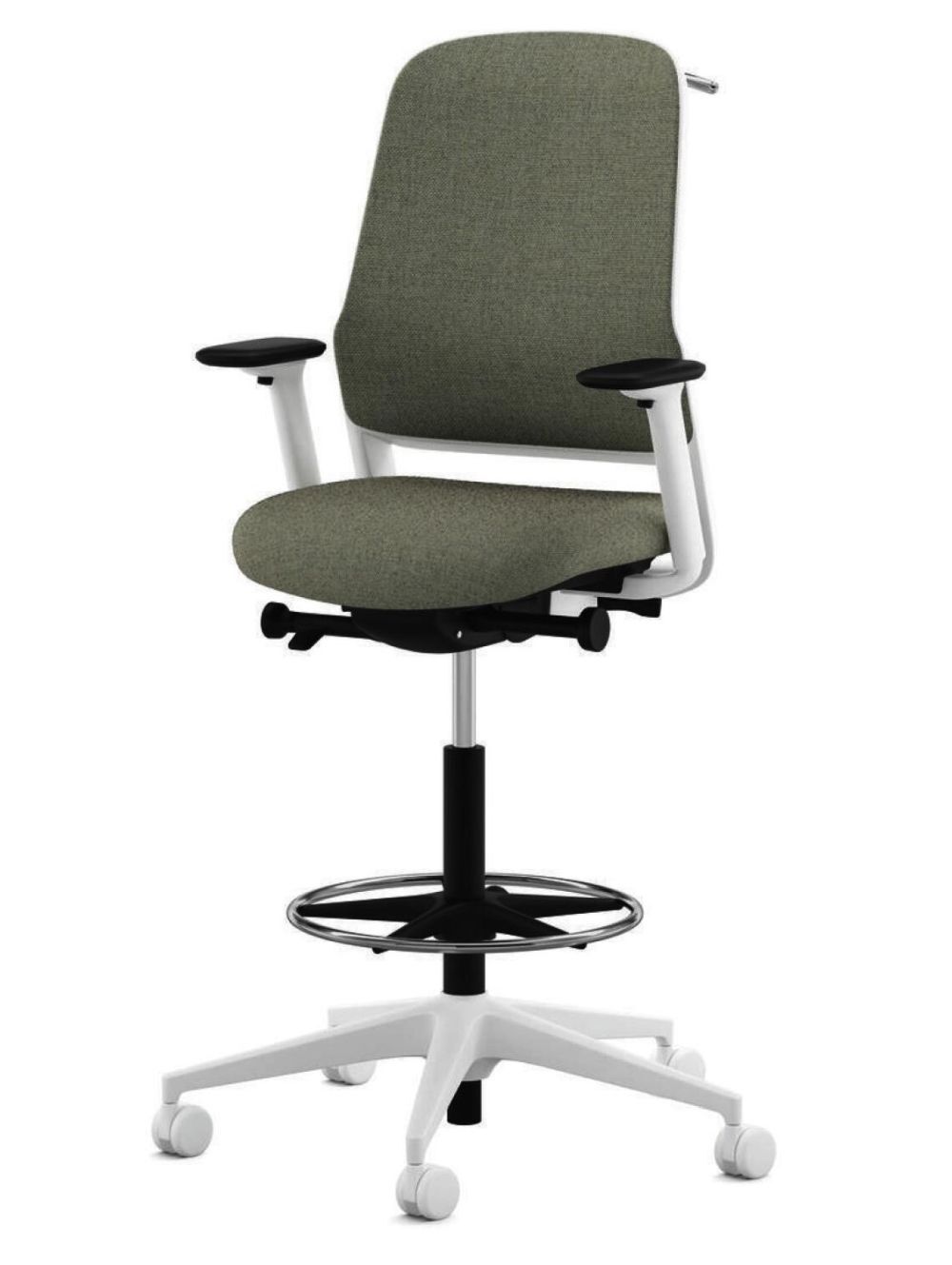Ergonomischer Bürostuhl in Grau mit verstellbaren Armlehnen und Fußring, ideal für dynamisches Sitzen im Büro.