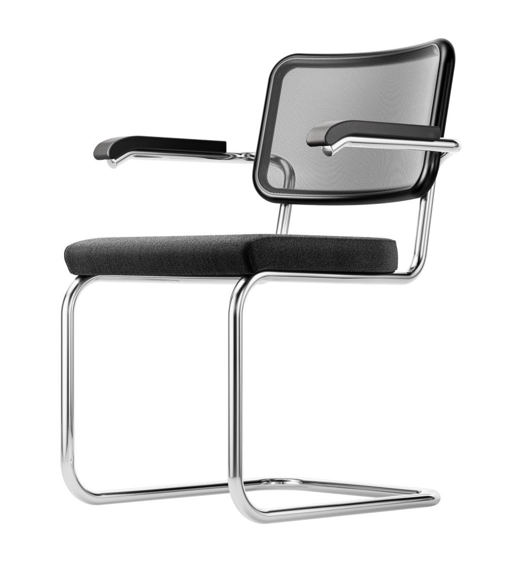 Moderner Freischwinger-Stuhl mit verchromtem Metallgestell und schwarzer Netzrückenlehne für ergonomisches Sitzen.