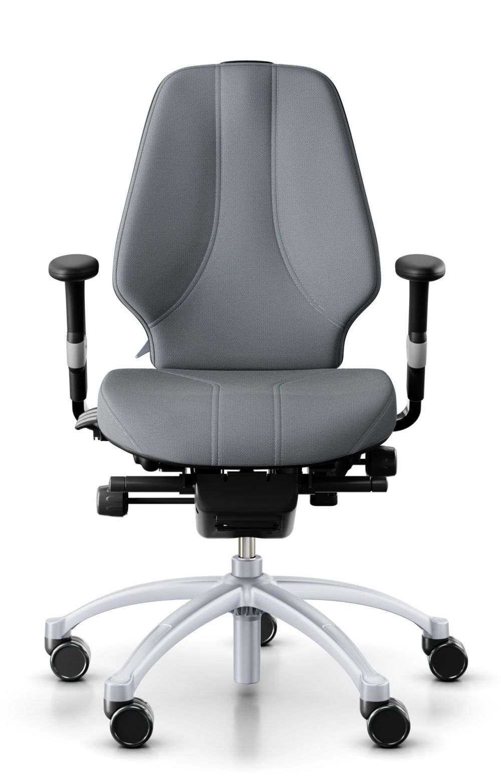 Ergonomischer Bürostuhl mit grauem Polster, verstellbaren Armlehnen und fünf Rollen für dynamisches Sitzen.
