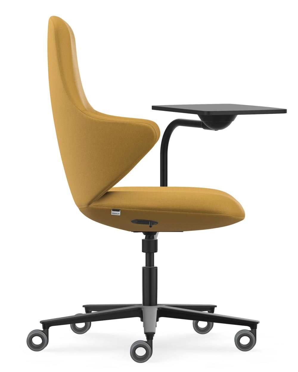 Ergonomischer Bürostuhl in Gelb mit verstellbarem Tisch, dynamisches Sitzkonzept, ideal für gesundes Arbeiten.