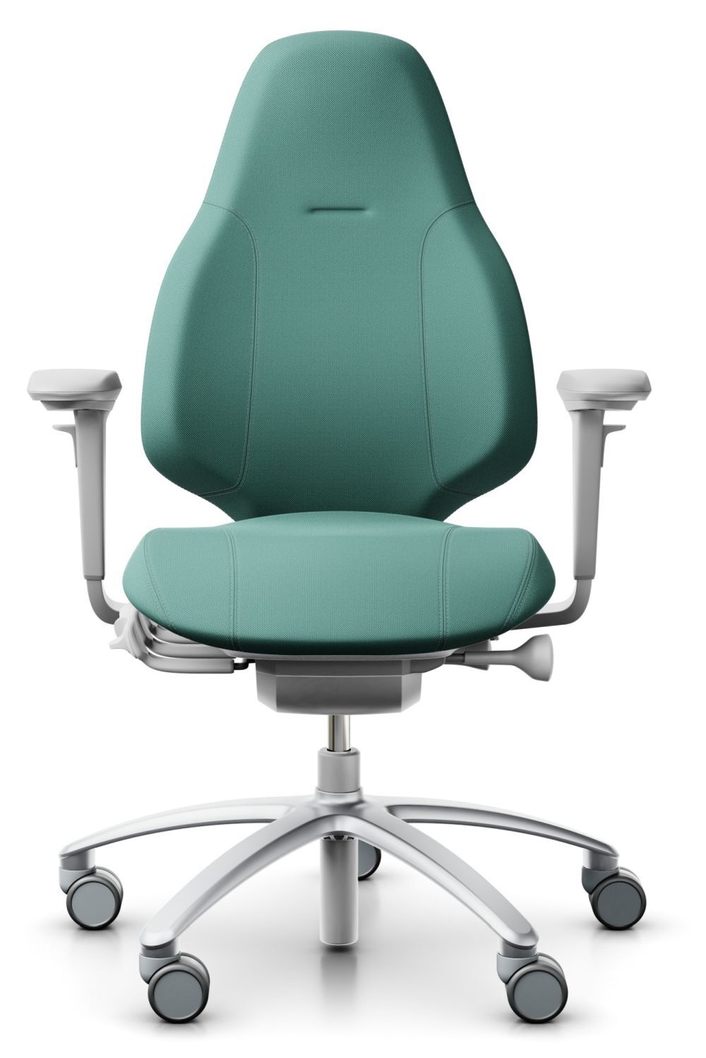 Ergonomischer Bürostuhl mit grüner Polsterung, verstellbaren Armlehnen und fünf Rollen für dynamisches Sitzen.