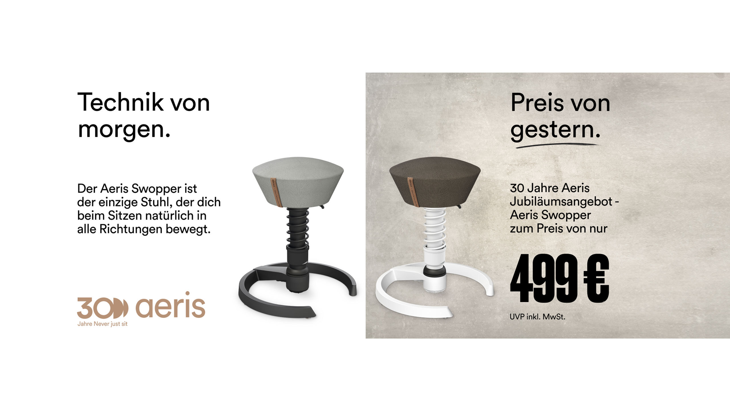 Grafik zeigt Aeris Swopper Hocker, beworben als ergonomische Sitzlösung. Sonderangebot zum Jubiläumspreis von 499 Euro.