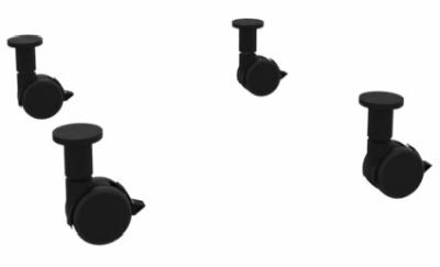 Vier schwarze Bürostuhlrollen auf weißem Hintergrund zur Verbesserung der Mobilität und Ergonomie von Stühlen.