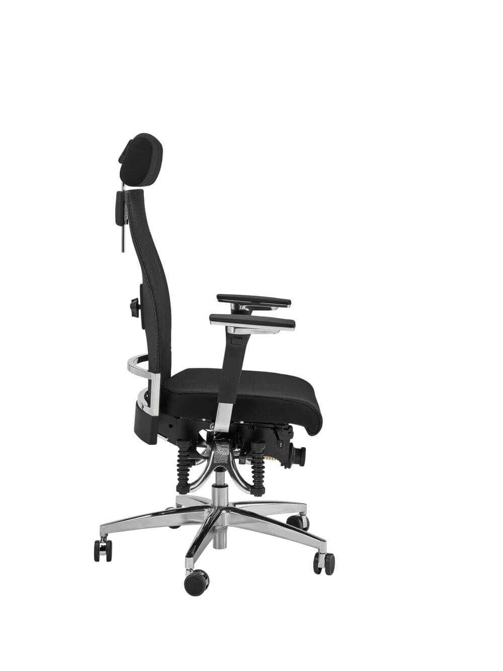 Ergonomischer Bürostuhl in Seitenansicht mit verstellbarer Kopfstütze, schwarzem Sitz und Armlehnen auf glänzendem Gestell.