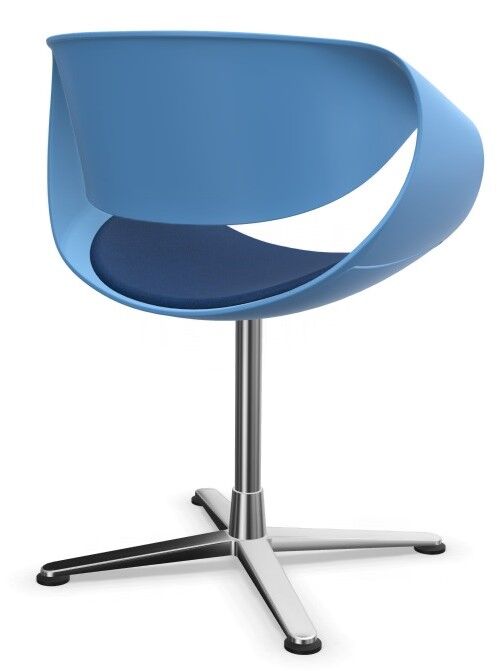 Ergonomischer blauer Stuhl mit modernem Design und Metallfuß für dynamisches Sitzen im Büro.