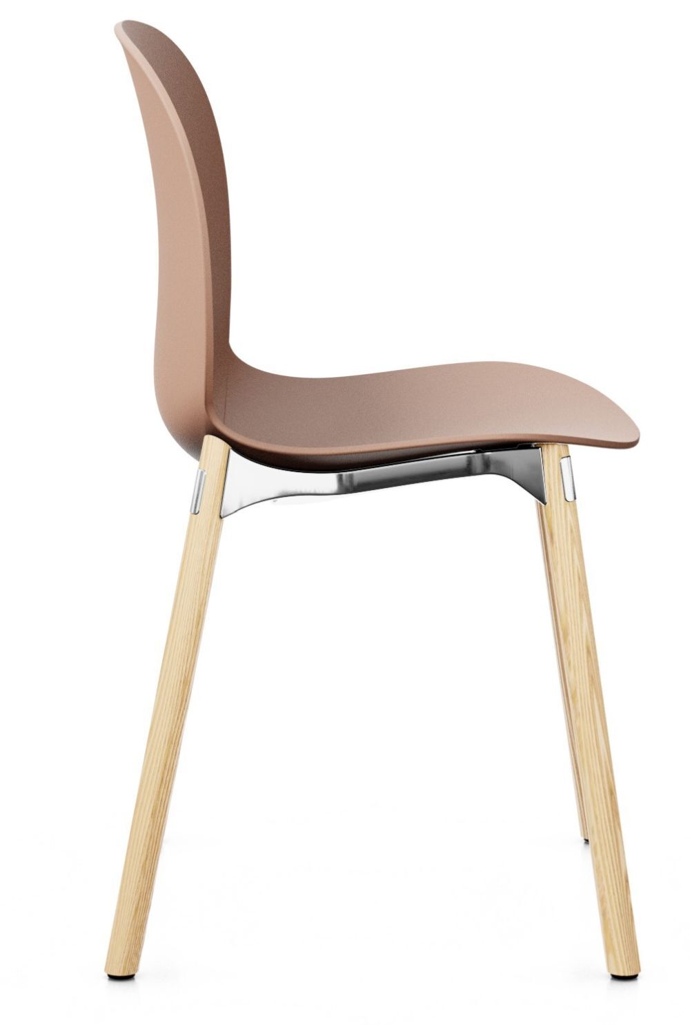 Seitenansicht eines modernen Stuhls mit brauner Sitzfläche und Holzbeinen auf weißem Hintergrund.
