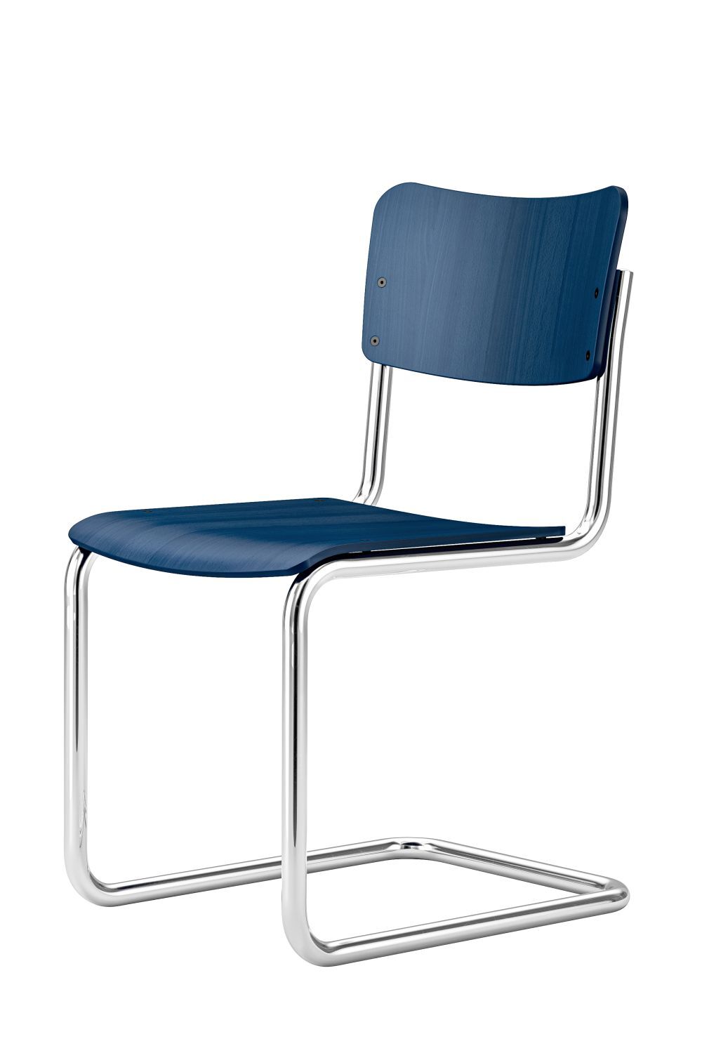 Blauer Freischwingerstuhl mit verchromtem Gestell und gebogener Rückenlehne, ideal für ergonomisches Sitzen.