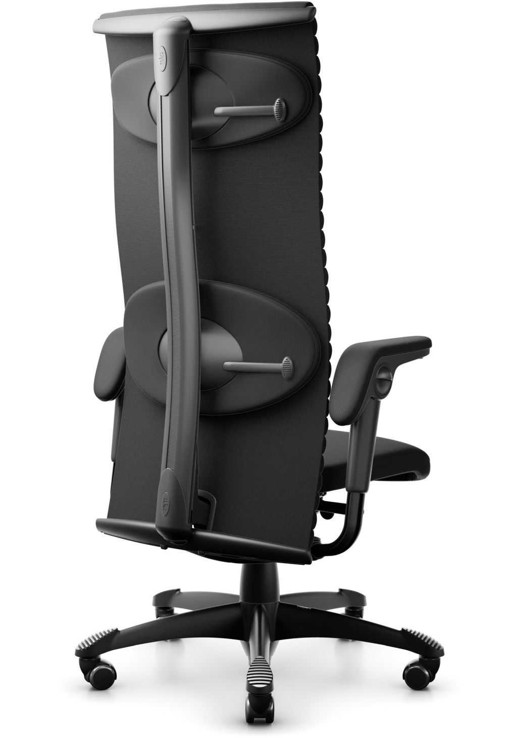 Ergonomischer Bürostuhl von hinten, zeigt Rückenlehne mit verstellbaren Stützen und Gepolsterung.