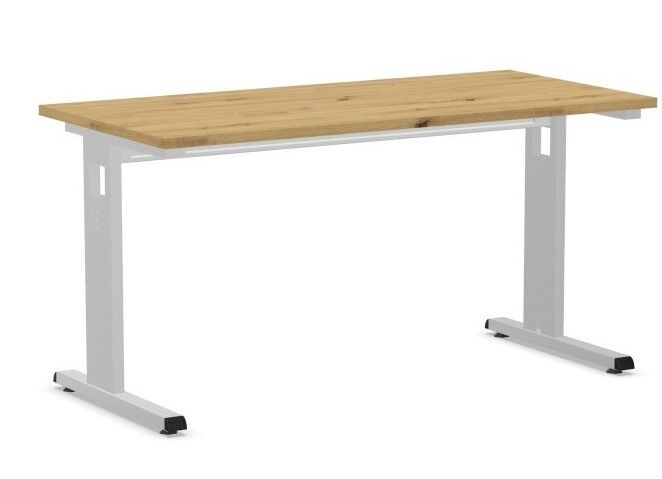 Höhenverstellbarer Schreibtisch mit heller Holzplatte und robusten weißen Metallbeinen. Ideal für ergonomisches Arbeiten.