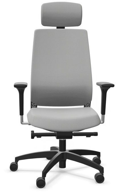 Moderner ergonomischer Bürostuhl in Grau mit verstellbaren Armlehnen und Kopfstütze, ideal für dynamisches Sitzen.