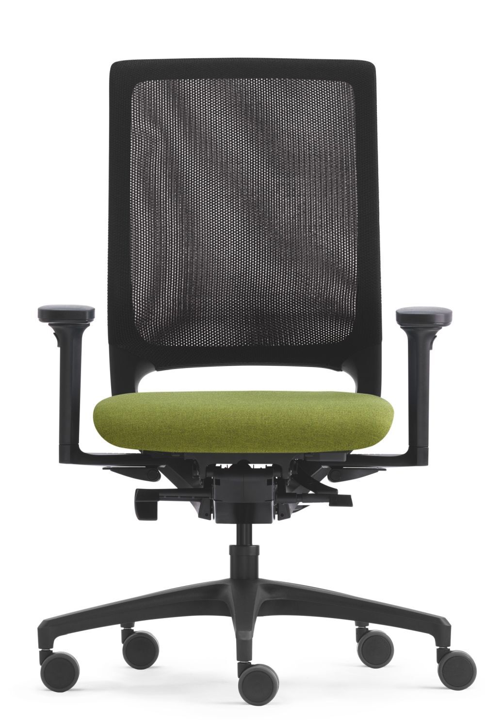 Ergonomischer Bürostuhl mit schwarzer Netzrückenlehne und grünem Sitz, verstellbare Armlehnen, auf Rollenbasis.